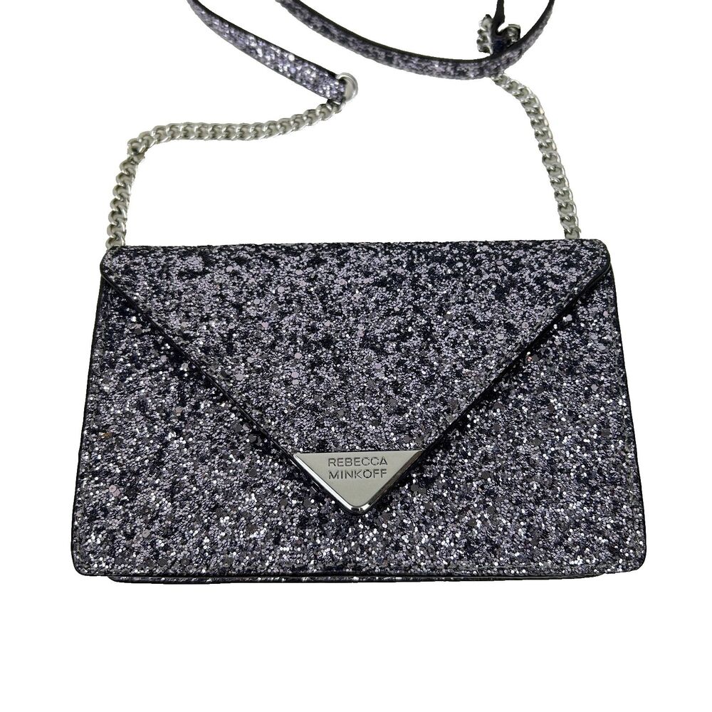 Rebecca Minkoff Molly Glitter Leather Crossbody Clutch Bag Silver Party Bag